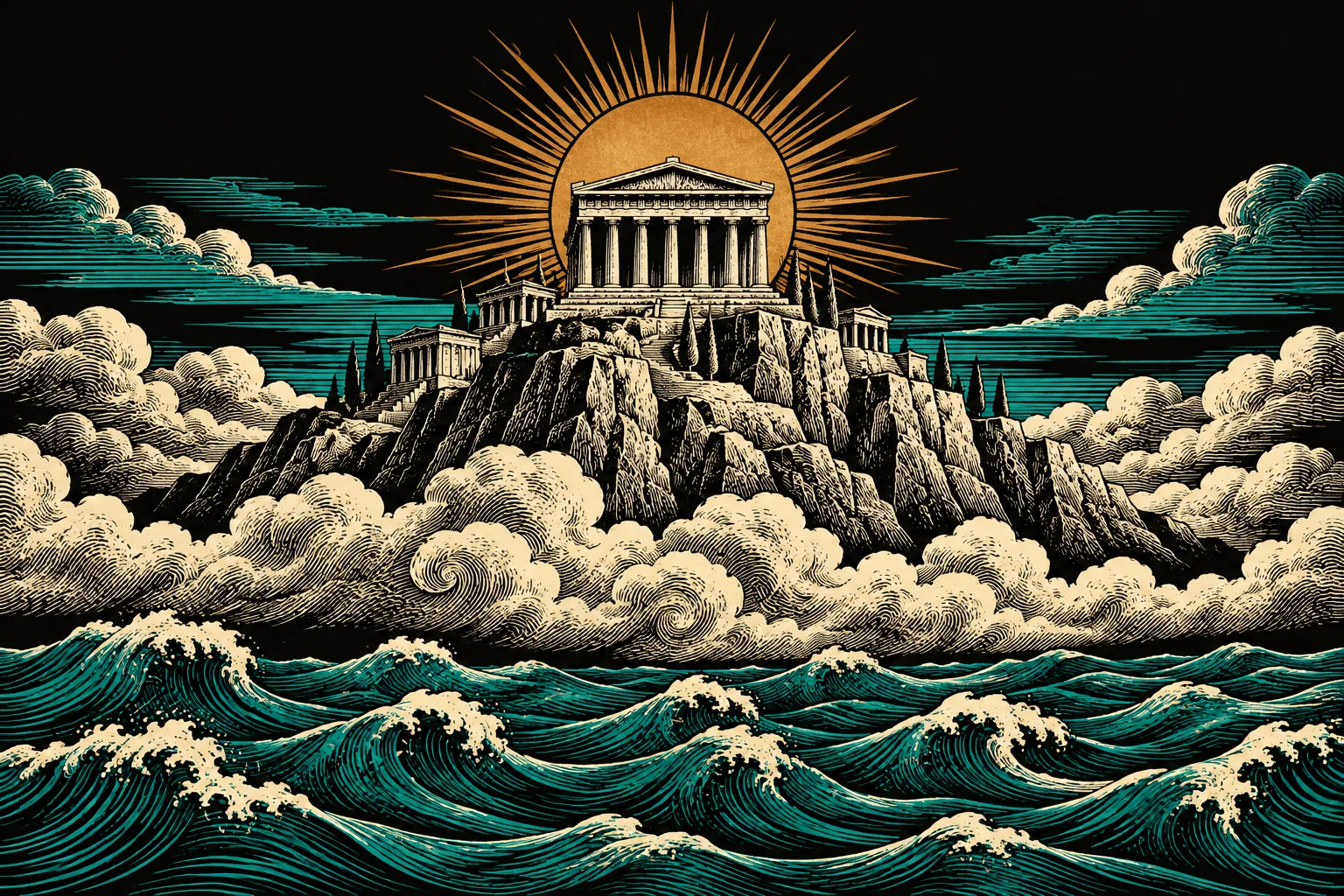 Engraving of a temple on Mount Olympus above the sea