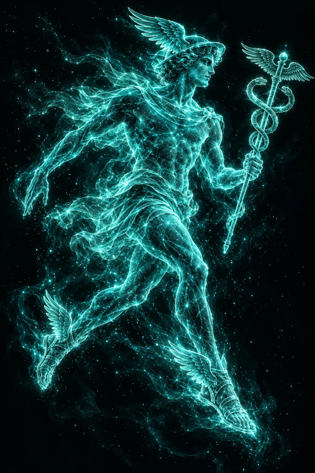 Hermes, protector of travellers, drawn in teal light