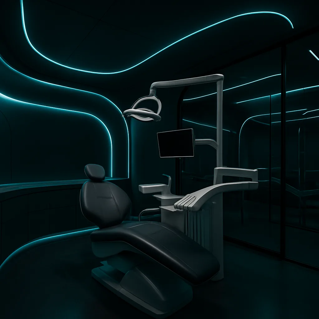 A dental treatment room lit in teal