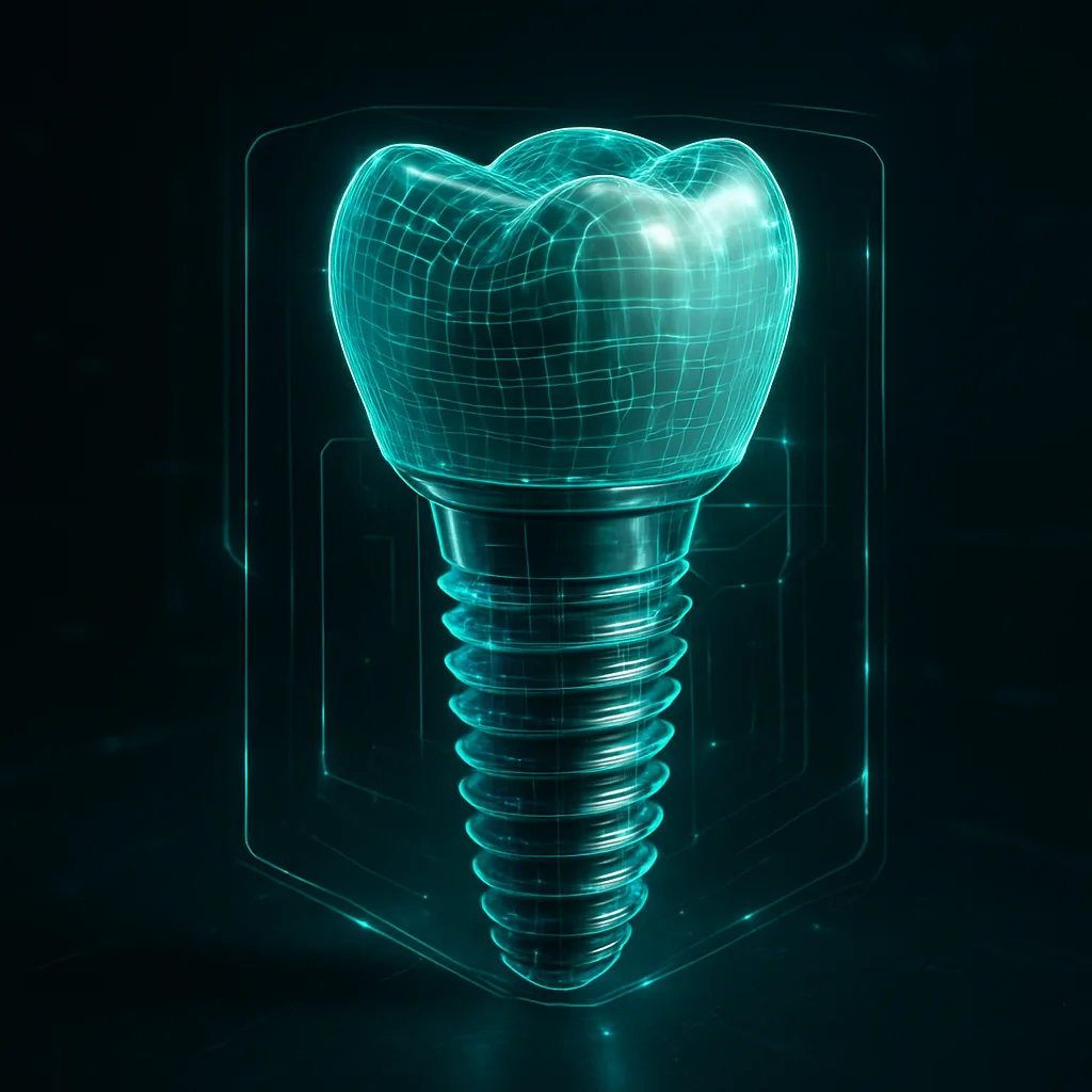 A dental implant drawn as a glowing wireframe